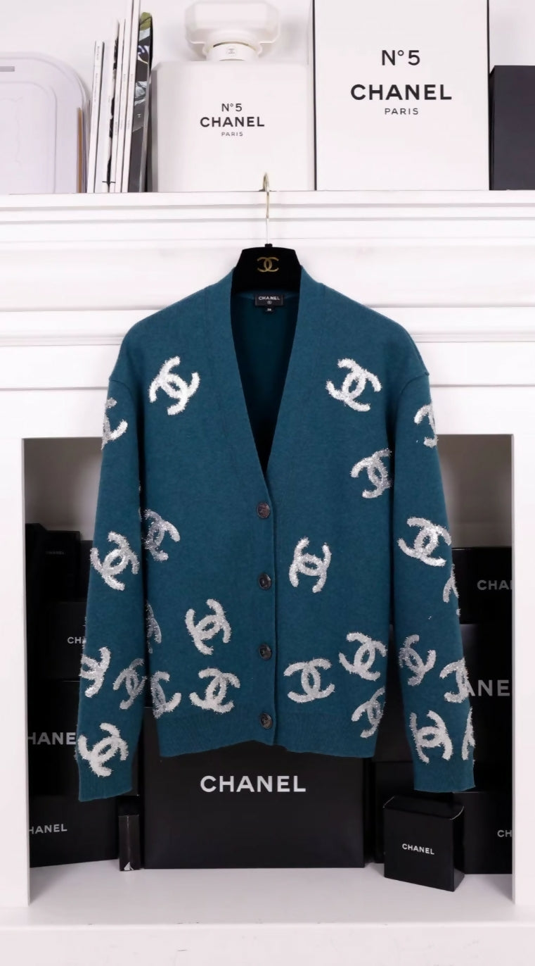 Chanel 22A Green Silver cc Cashmere Cardigan