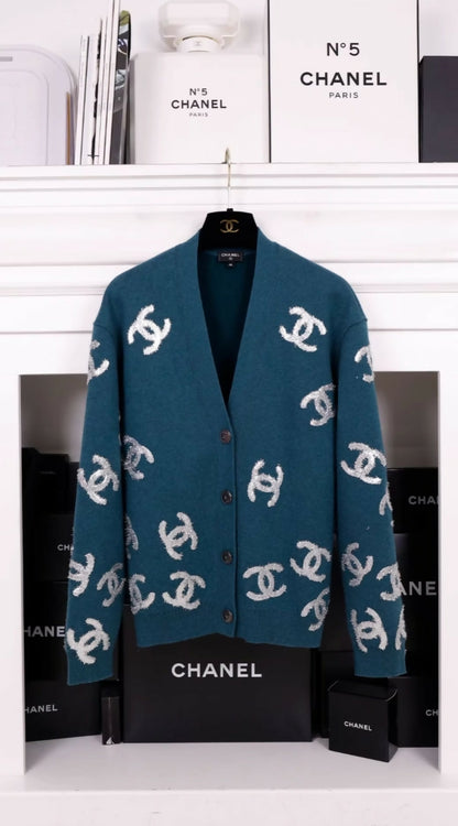 Chanel 22A Green Silver cc Cashmere Cardigan
