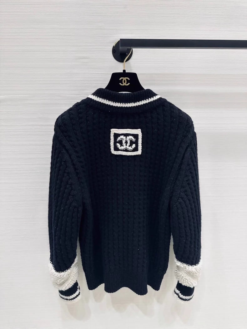 Chanel 25N Black and White V-Neck Sweater