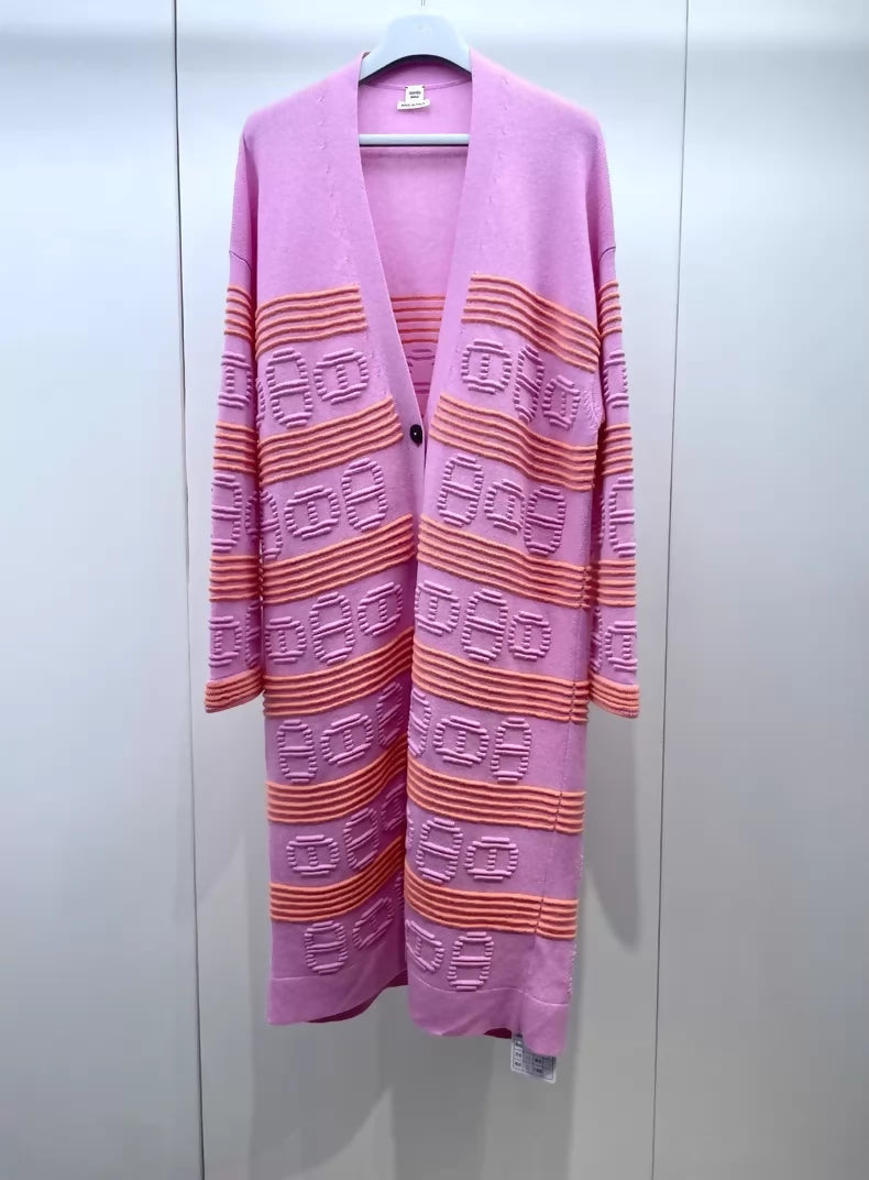 Hermes pink striped knit long cardigan