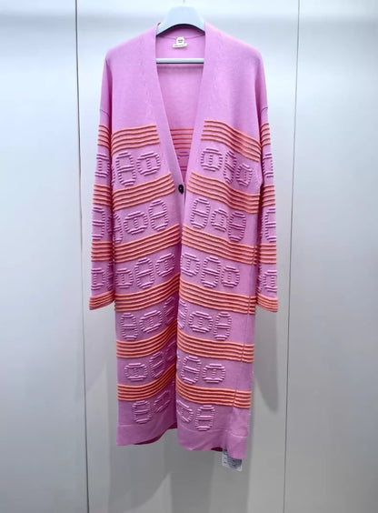 Hermes pink striped knit long cardigan