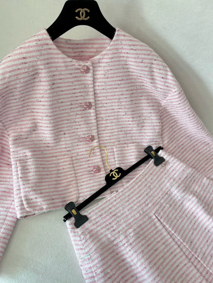 Chanel 24C Pink and White Striped Tweed Jacket