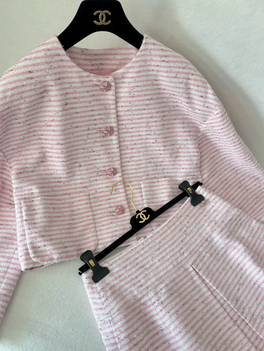 Chanel 24C Pink and White Striped Tweed Jacket