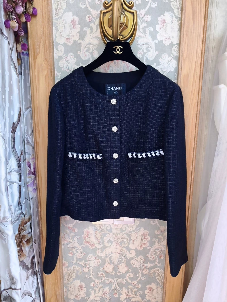Chanel black plaid tweed cropped jacket