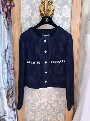 Chanel black plaid tweed cropped jacket