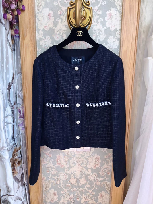 Chanel black plaid tweed cropped jacket