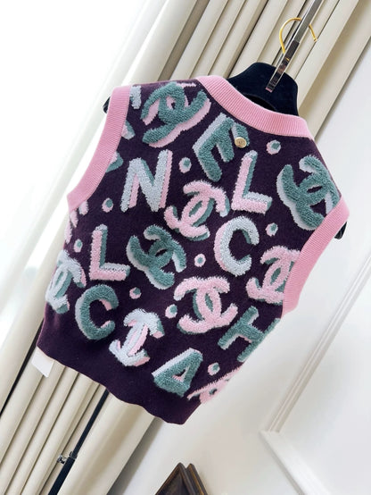 Chanel 22N pink and purple full logo ski series knitted top