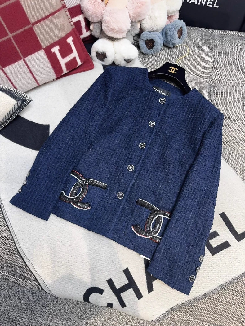 Chanel 24P blue sequined tweed jacket with double C
