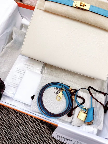 Hermes Kelly 25 special order ecru & blue Epsom leather brushed gold hardware