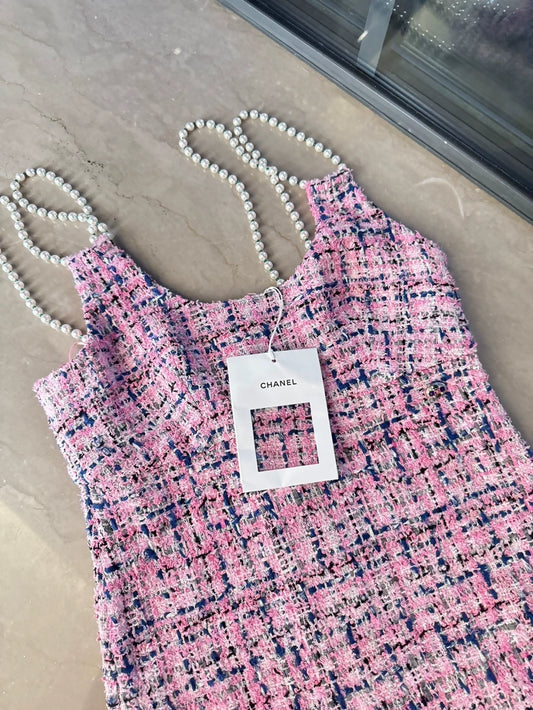 Chanel 23P Pink Tweed Pearl Dress