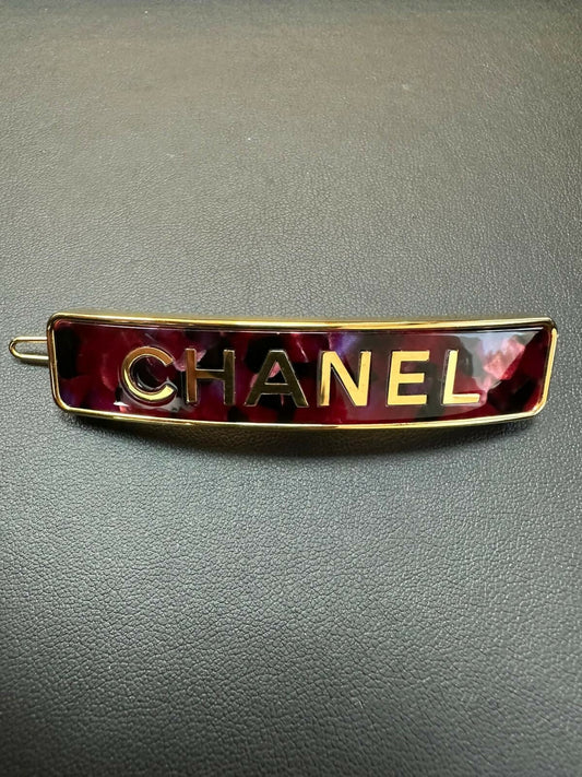 Chanel 2021 Metal Burgundy Gold Edge ‘CHANEL’ Hair Clip