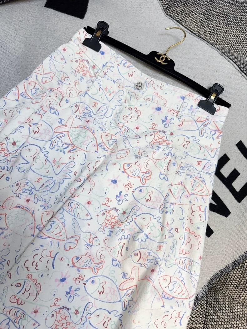 Chanel 25C colourful Fish Print Wide Leg Pants