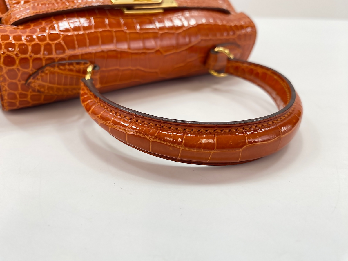 Hermès Mini Kelly I Orange Porosus Crocodile Lisse with Gold Hardware