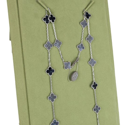 Van Cleef & Arpels 18K White Gold Pietersite Vintage Alhambra 20 Motifs Necklace