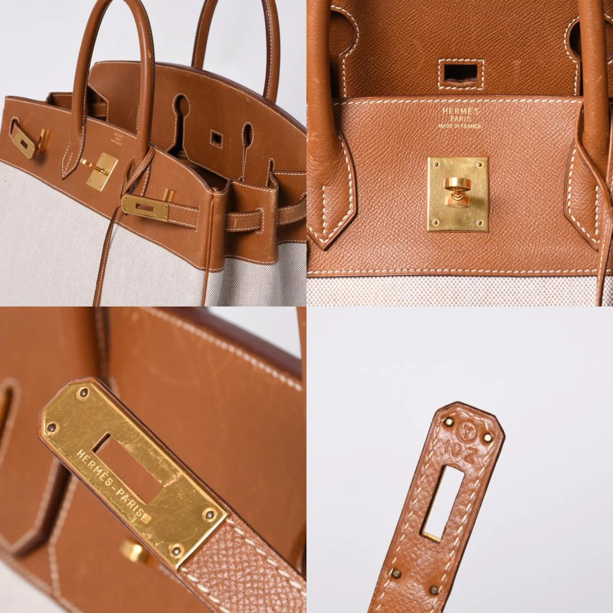 Hermes birkin 40 gold Barenia leather and beige canvas palladium hardware
