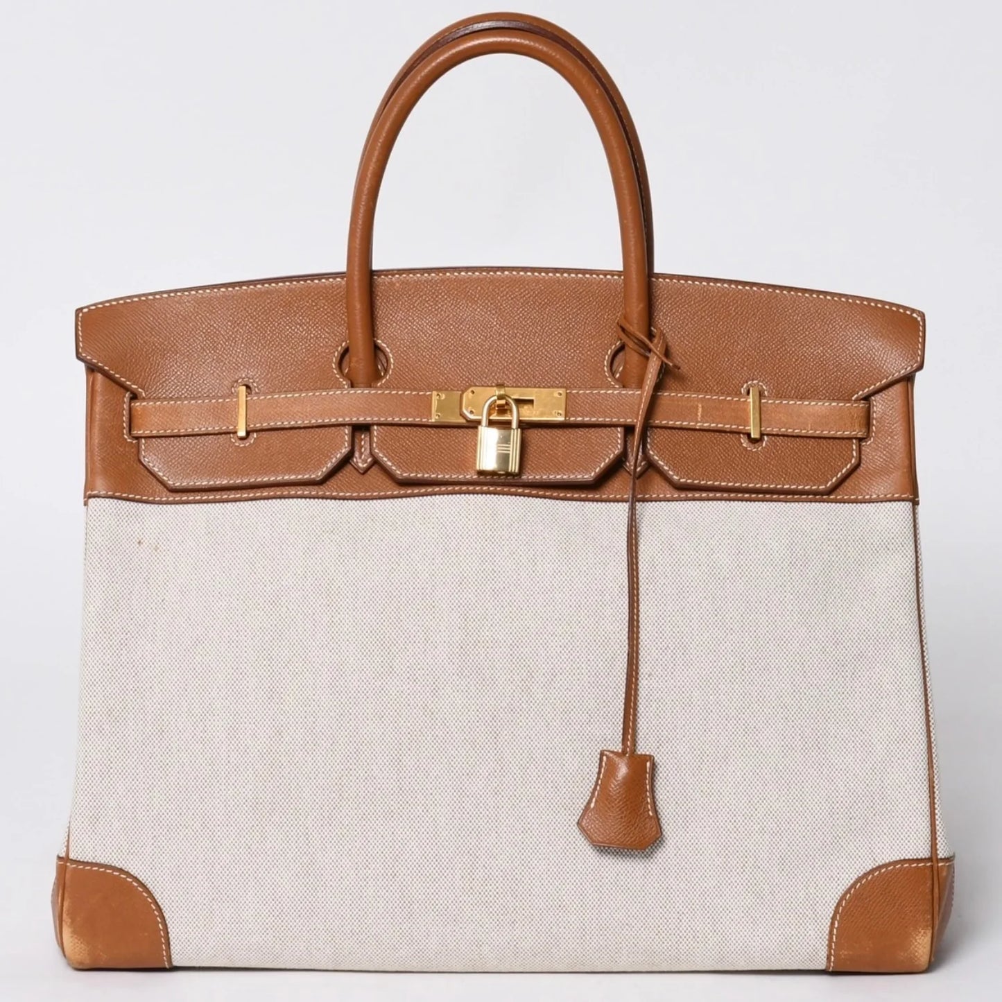 Hermes birkin 40 gold Barenia leather and beige canvas palladium hardware