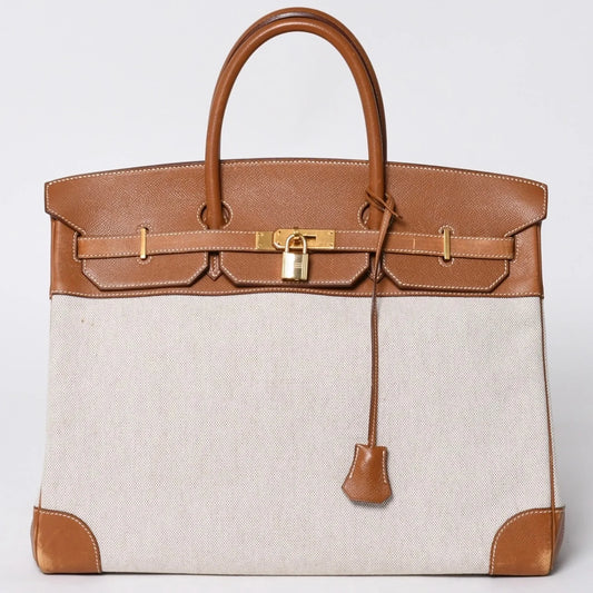 Hermes birkin 40 gold Barenia leather and beige canvas palladium hardware