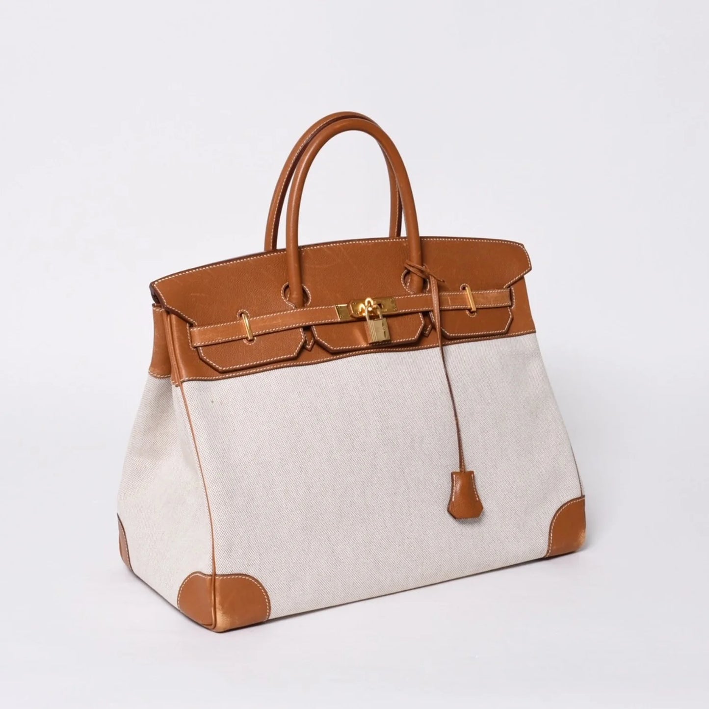 Hermes birkin 40 gold Barenia leather and beige canvas palladium hardware