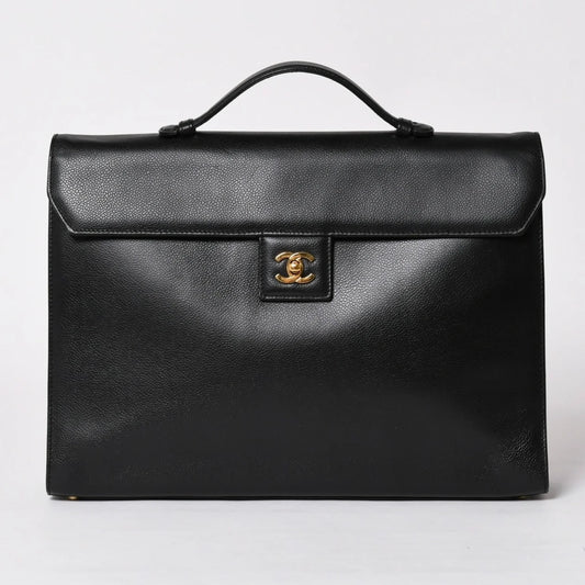 CHANEL briefcase business bag Black Caviar leather Gold Hardware