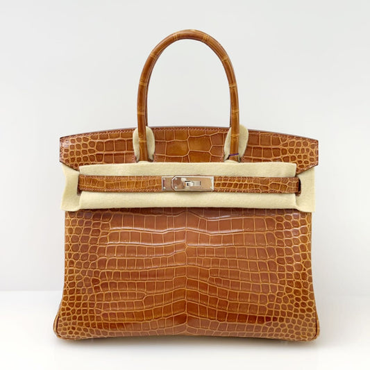 Hermes Birkin 30 Caramel Shiny Porosus Leather Palladium Hardware