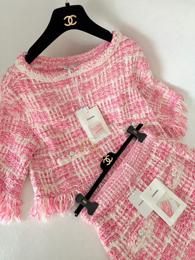 Chanel 24P Pink Fringe jacket Skirt set