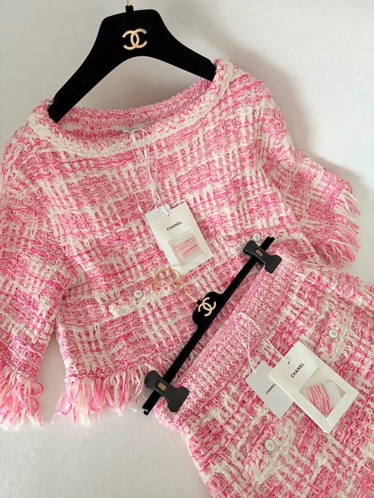 Chanel 24P Pink Fringe jacket Skirt set