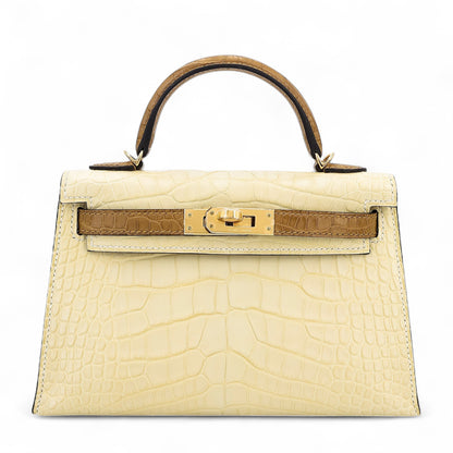 Hermes Mini Kelly 20 Kraft Vanille Matte Alligator Gold hardware