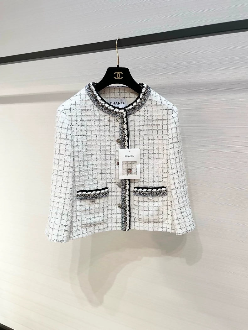 Chanel 25S Black and white checkered tweed cape coat