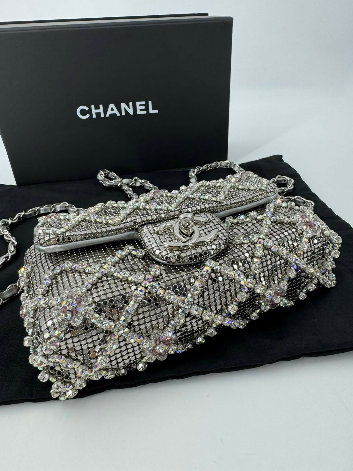 Chanel 2022 Rhinestone Strass & Metal Mini Flap Bag with Silver Tone Hardware