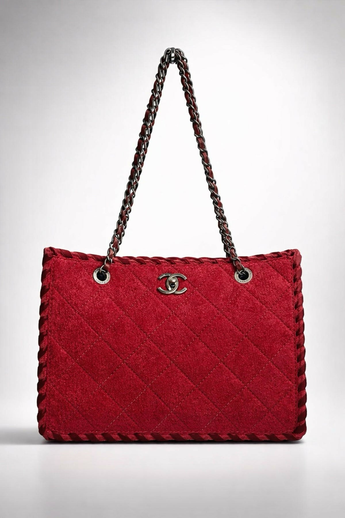 Chanel 13A Edinburgh Raspberry Red Medium Wool Quilted Shopping Tote Bag