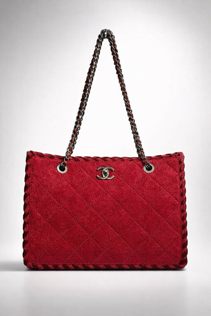 Chanel 13A Edinburgh Raspberry Red Medium Wool Quilted Shopping Tote Bag