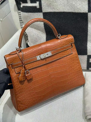 Hermes Kelly 32 Fauve Barenia alligator leather palladium hardware