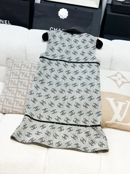 Chanel 22S grey denim dress with all-over logo and black rhinestone buttons