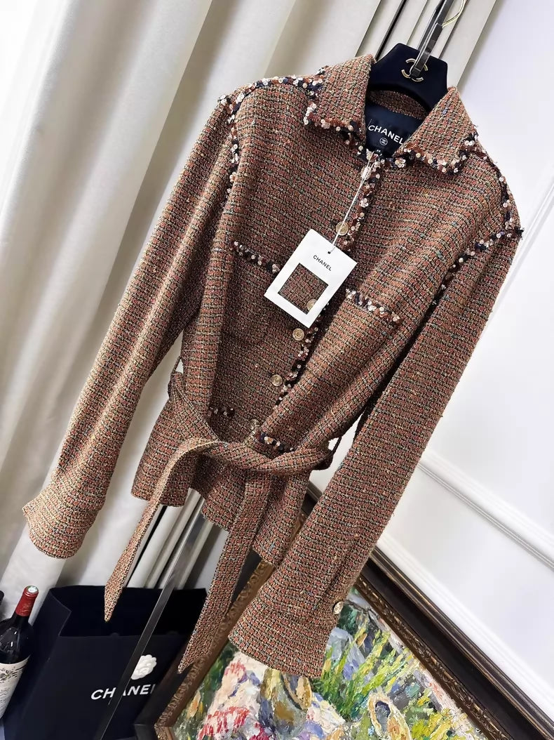 Chanel 25A brown tweed jacket and skirt
