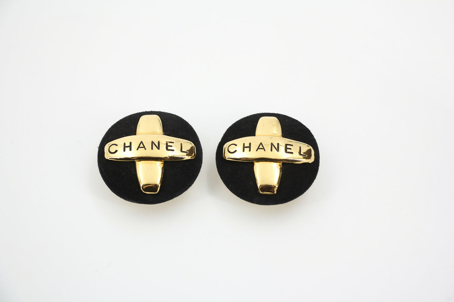 Chanel Vintage 91-92 Velvet Gold Plated Cross Large Round Black Earrings