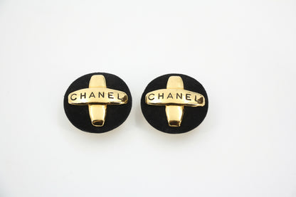 Chanel Vintage 91-92 Velvet Gold Plated Cross Large Round Black Earrings
