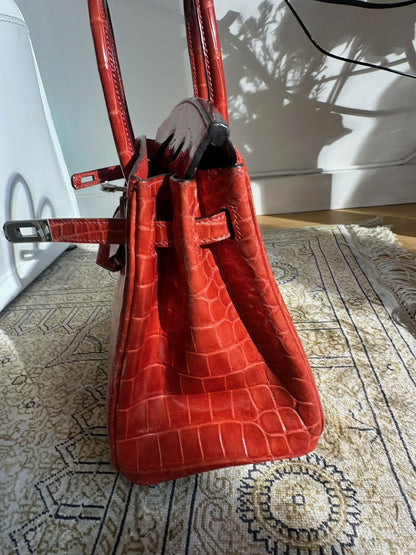 Hermes Birkin 25 Braise Shiny Niloticus Crocodile Leather Palladium Hardware