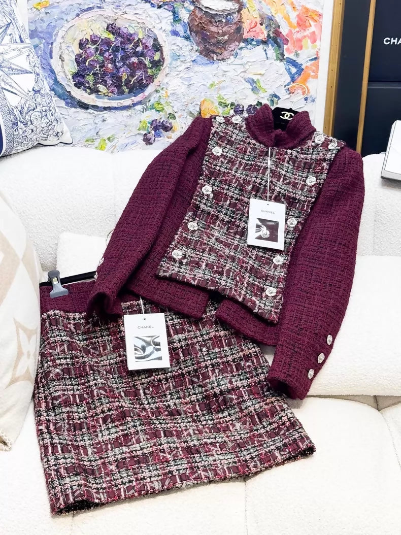 Chanel 23k Burgundy Wool Tweed Turtleneck Jacket with skirt set