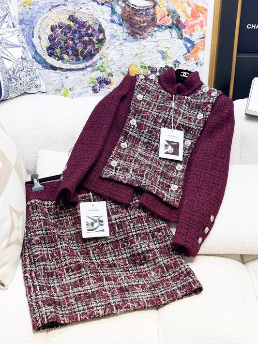 Chanel 23k Burgundy Wool Tweed Turtleneck Jacket with skirt set