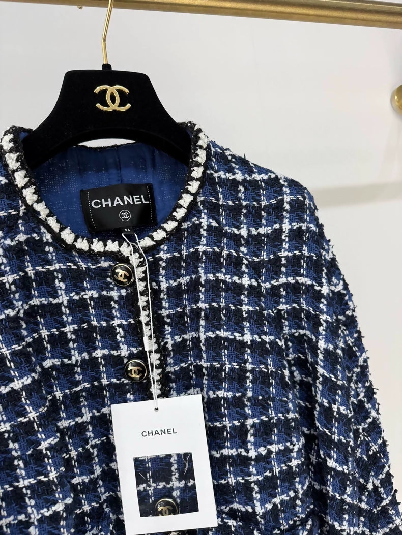 Chanel 23P blue and white checked tweed jacket