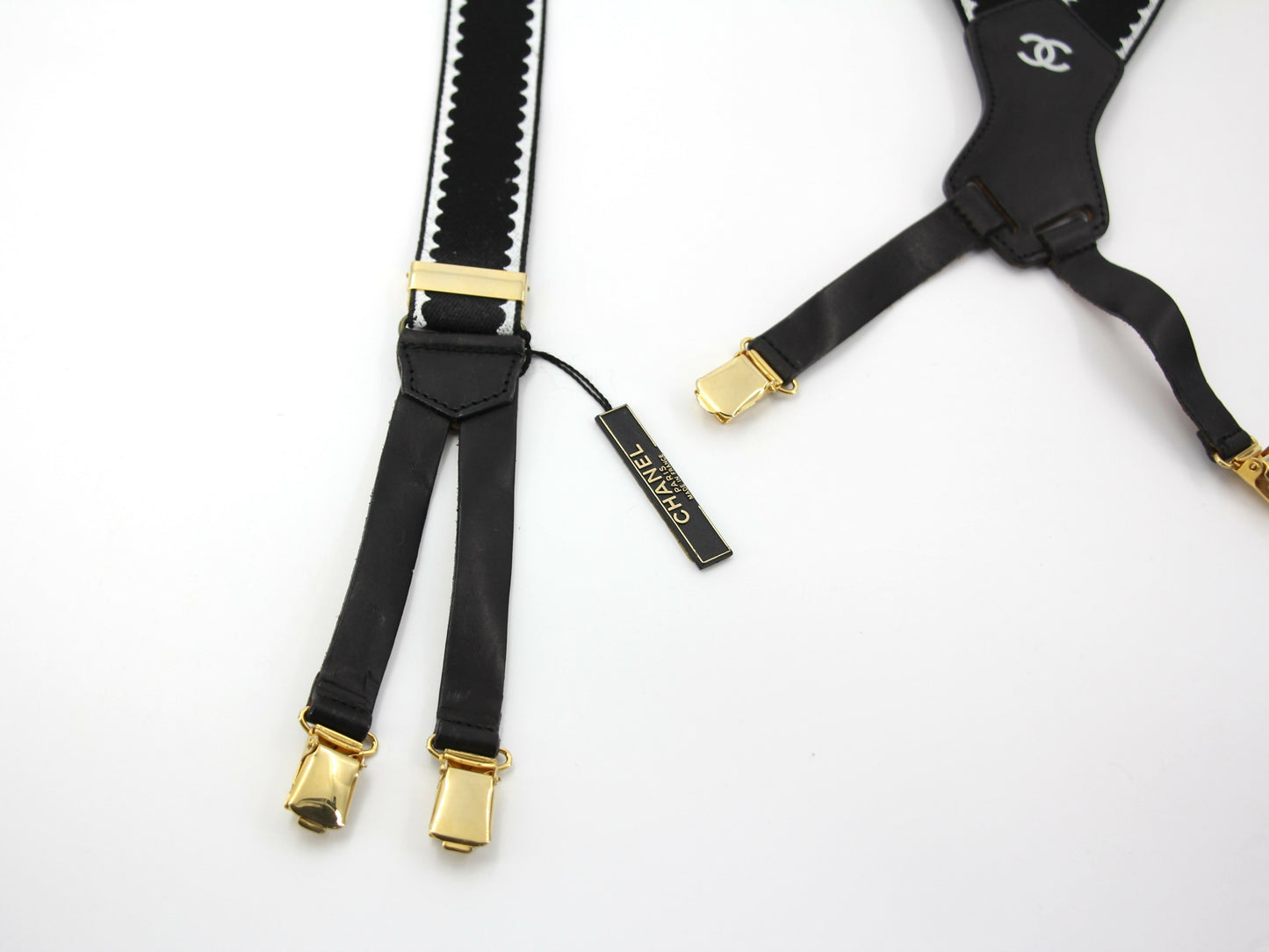 Chanel Vintage 94P Leather & Canvas Coco Mark Suspenders in Black with Gold Hardware