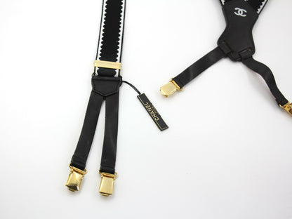 Chanel Vintage 94P Leather & Canvas Coco Mark Suspenders in Black with Gold Hardware