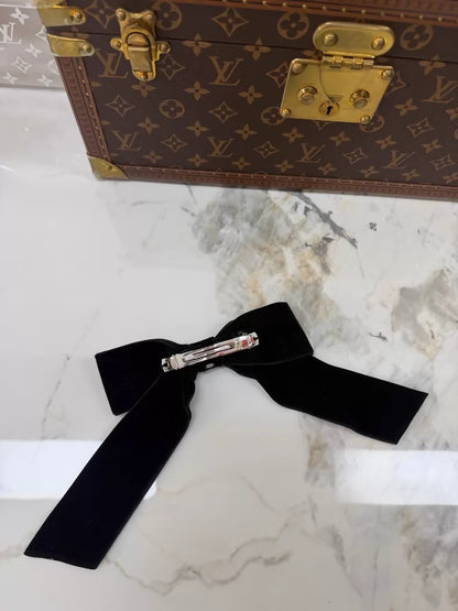 Chanel classic large black velvet bow hair clip with gold double C