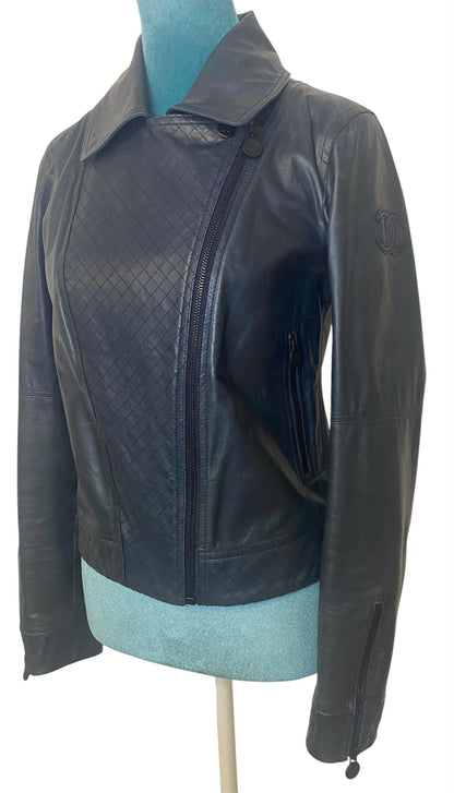 Chanel 12P Navy Blue Petrol Quilted Leather Biker Jacket FR 36