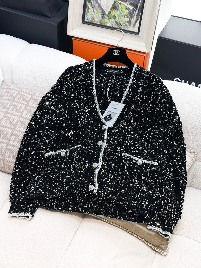 Chanel 23SS black sequinned cardigan,