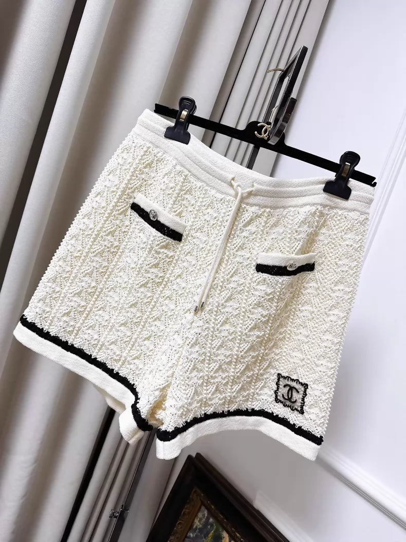 Chanel 24P Beige Lace Embroidered Logo Knit Shorts
