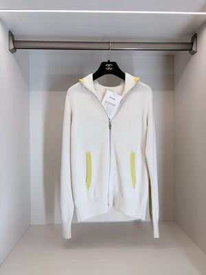 Chanel 25C White Yellow Cashmere Hooded Cardigan