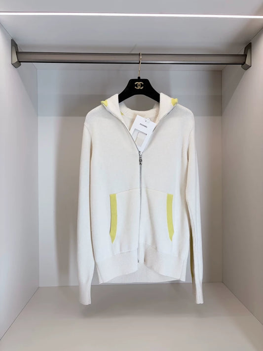 Chanel 25C White Yellow Cashmere Hooded Cardigan