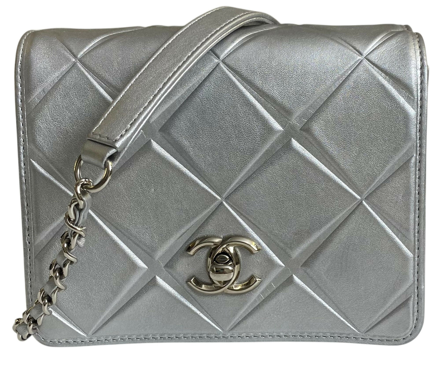 Chanel Airlines 16P Mini Propellor Metallic Calfskin Silver Flap Bag