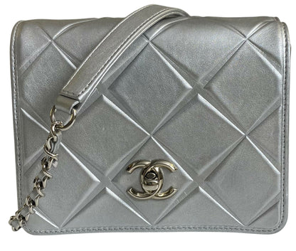 Chanel Airlines 16P Mini Propellor Metallic Calfskin Silver Flap Bag